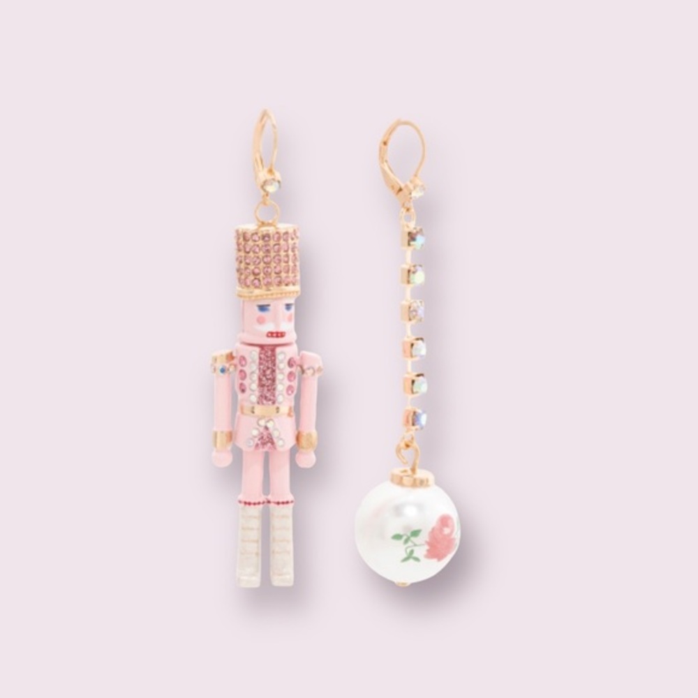 Betsey Johnson Nutcracker Linear Ball Mismatch Pink Earrings